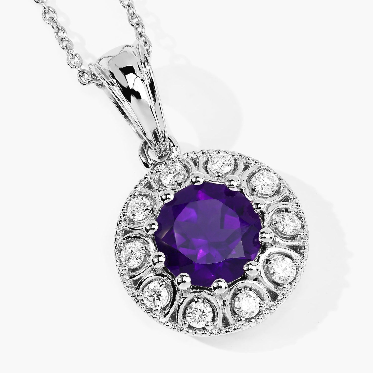 2.15 Ct Genuine Amethyst and Lab Diamond Sterling Silver Halo Necklace