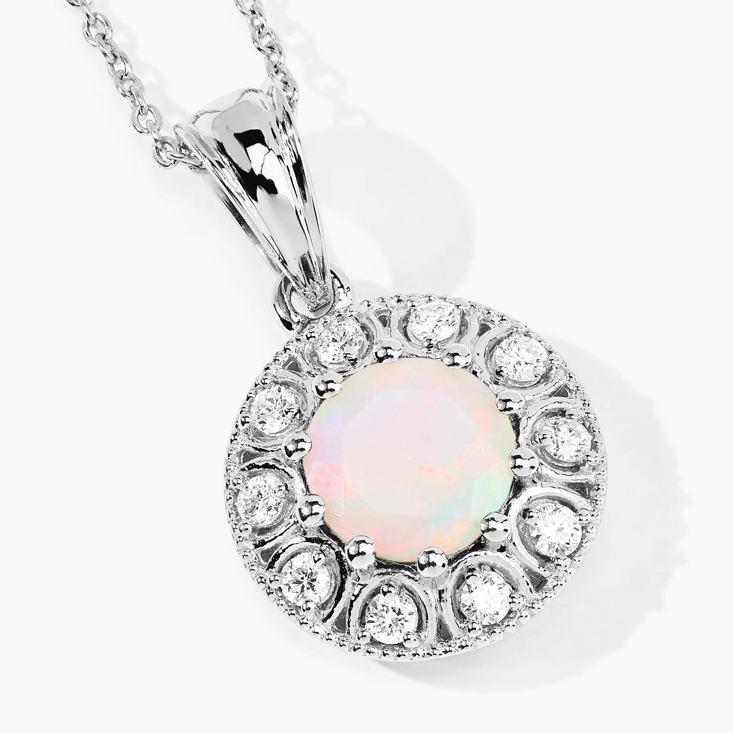 1.25 Ct Genuine Ethiopian Opal and Lab Diamond Silver Halo Necklace