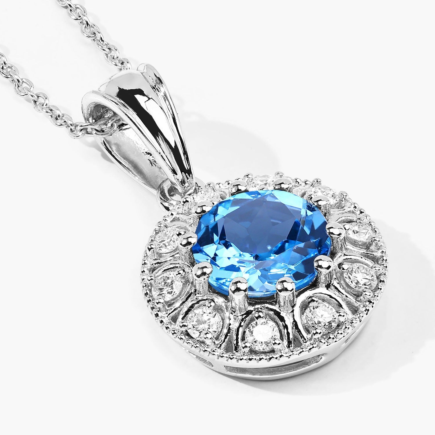 2.60 Ct Genuine Swiss Blue Topaz and Lab Diamond Silver Halo Necklace