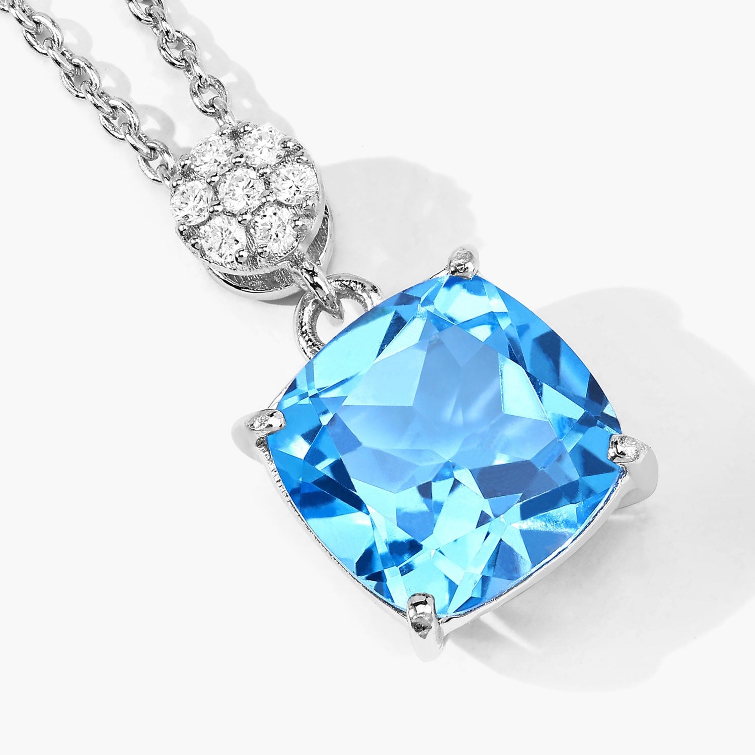 3.47 Ct Genuine Swiss Blue Topaz and Lab Diamond Silver Cushion Necklace
