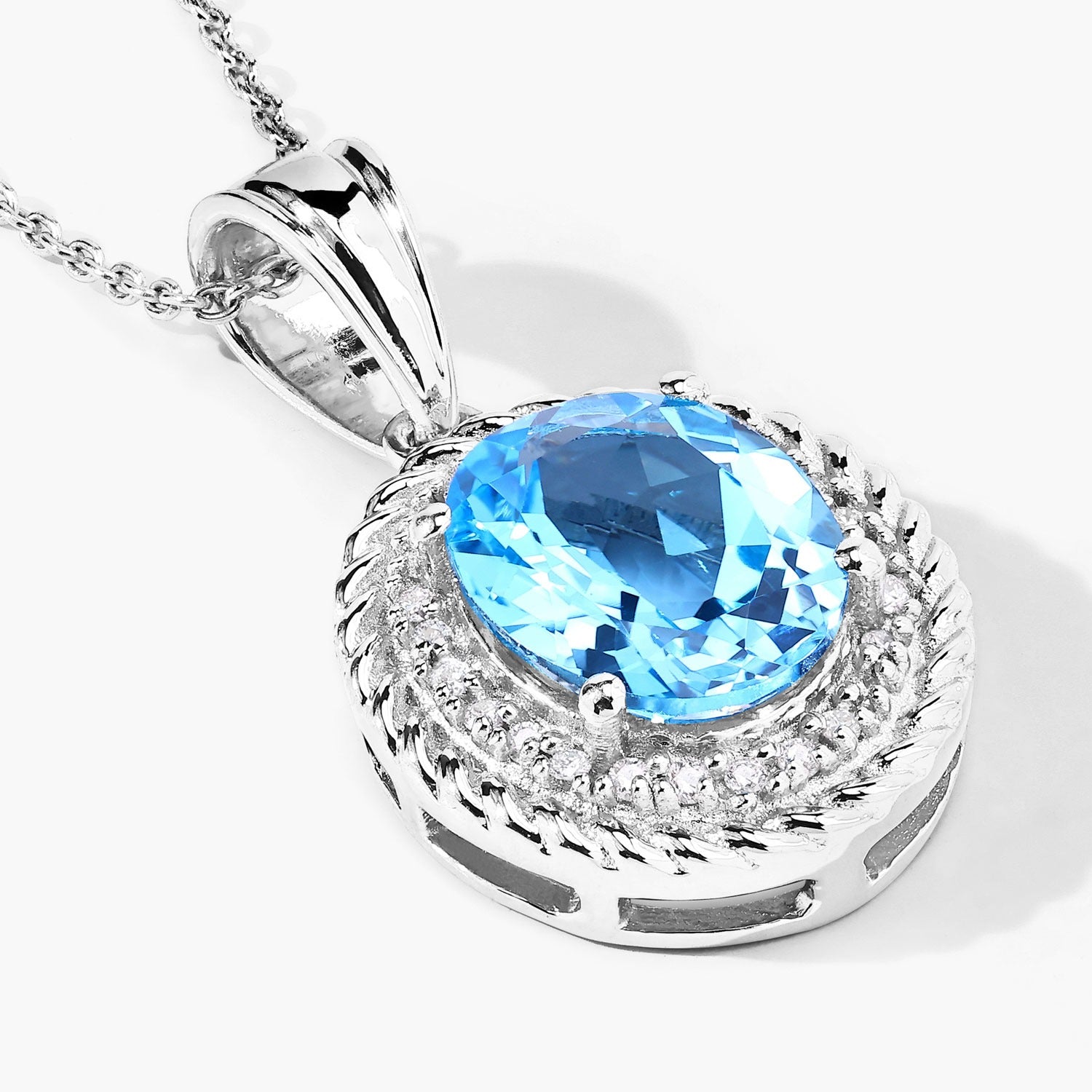 4.16 Ct Genuine Swiss Blue Topaz and Lab Diamond Silver Oval Necklace