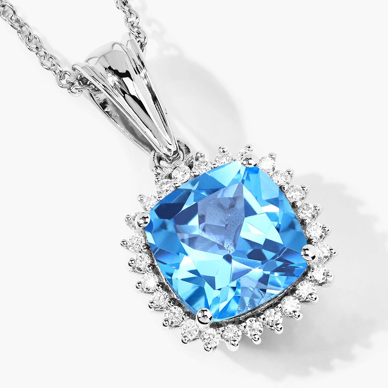 3.60 Ct Genuine Swiss Blue Topaz and Lab Diamond Silver Cushion Necklace