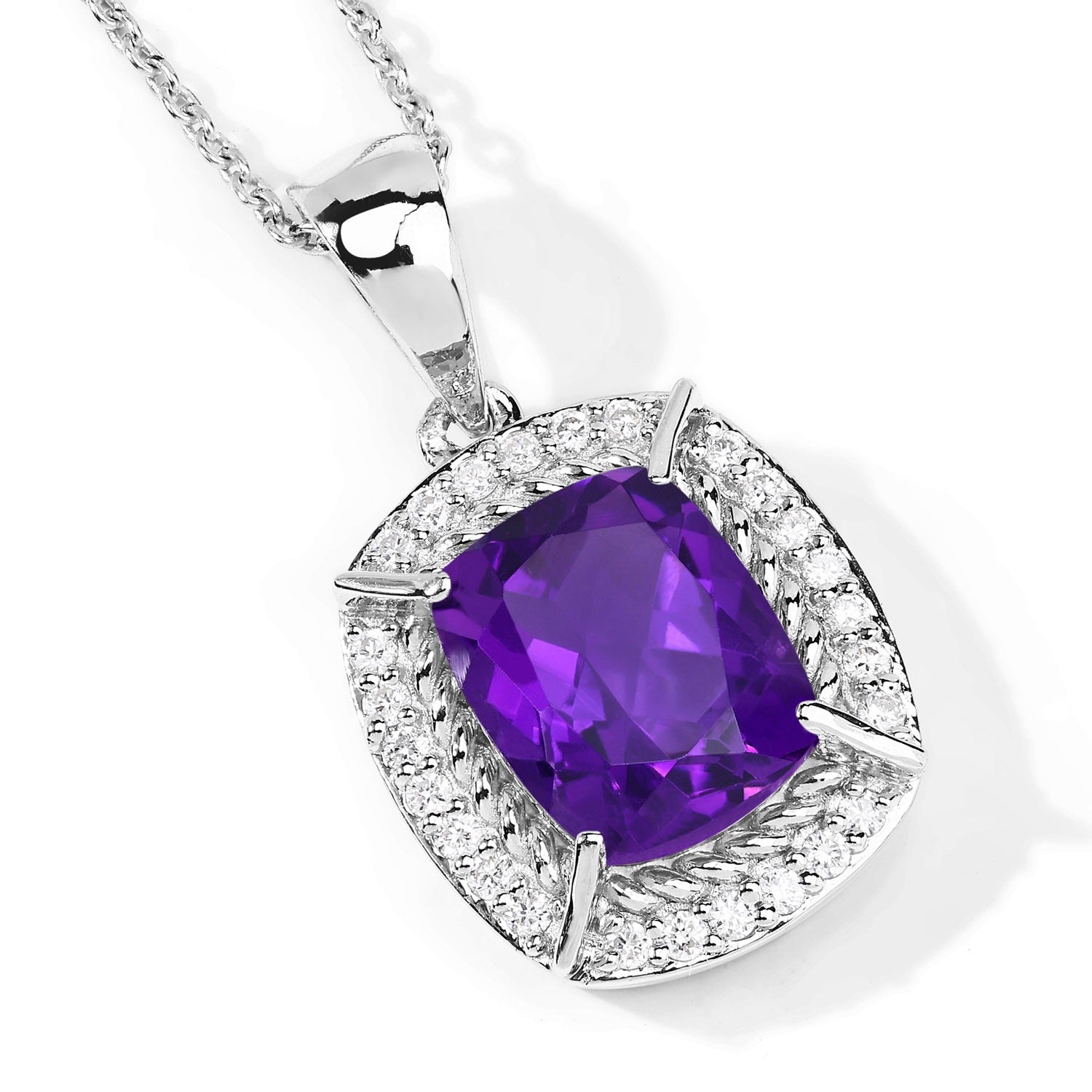 2.86 Ct Genuine Purple Amethyst and Lab Diamond Silver Halo Necklace
