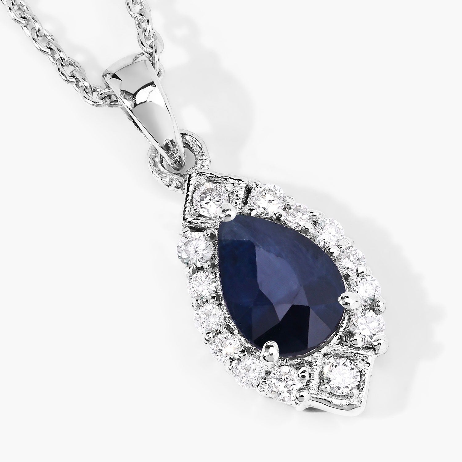 0.97 Ct Genuine Blue Sapphire and Lab Grown Diamond Silver Teardrop Necklace