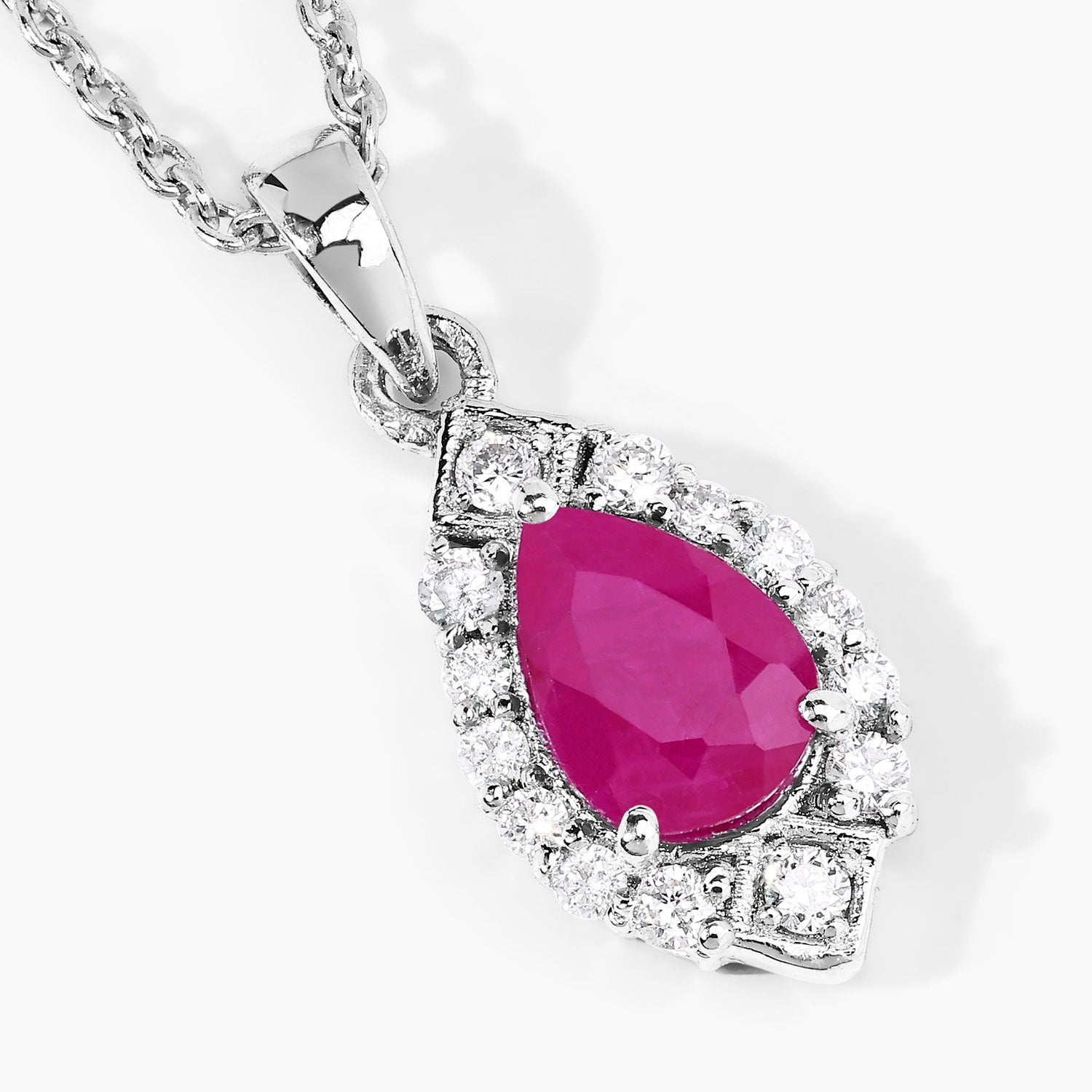 0.97 Ct Genuine Mozambique Ruby and Lab Diamond Silver Teardrop Necklace