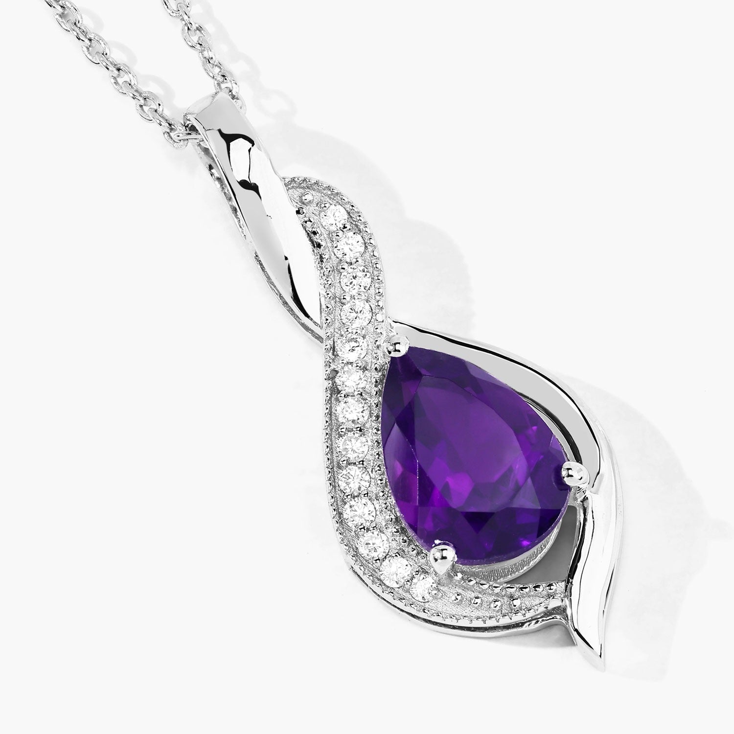 1.52 Ct Genuine Amethyst and Lab Diamond Silver Teardrop Crossover Pendant Necklace Fine Color Jewels