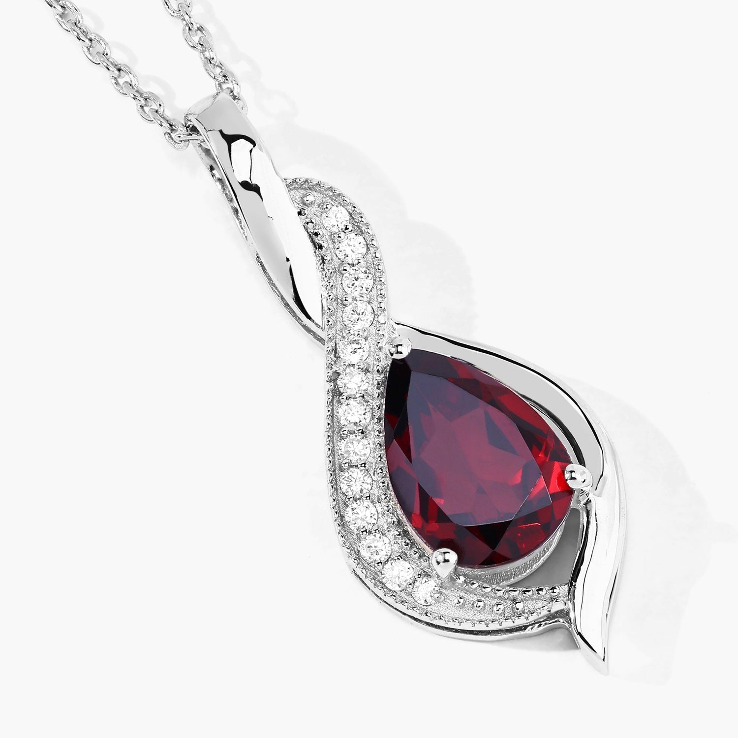 1.92 Ct Genuine Mozambique Garnet and Lab Diamond Silver Teardrop Crossover Pendant Necklace Fine Color Jewels