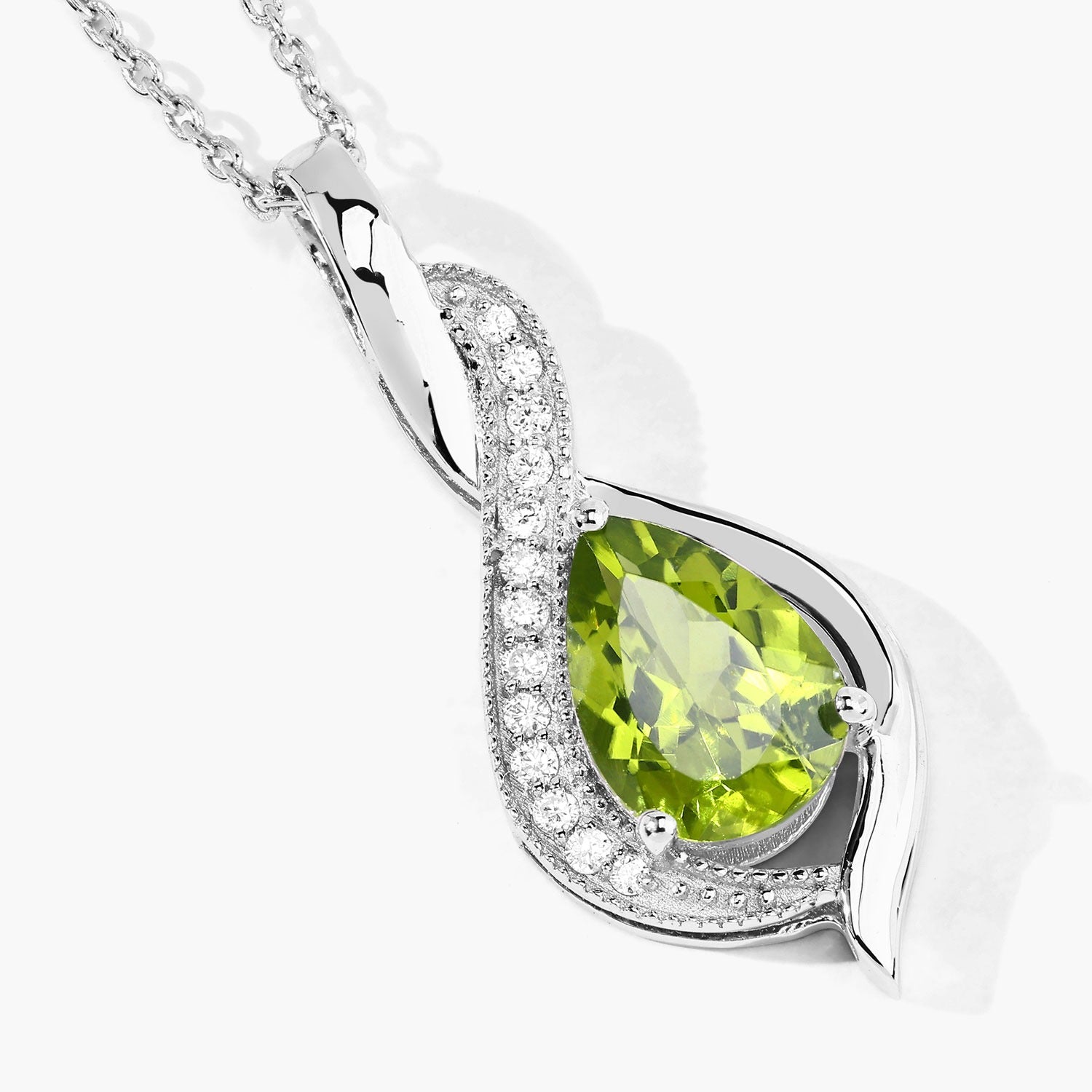 1.58 Ct Genuine Peridot and Lab Grown Diamond Silver Teardrop Necklace