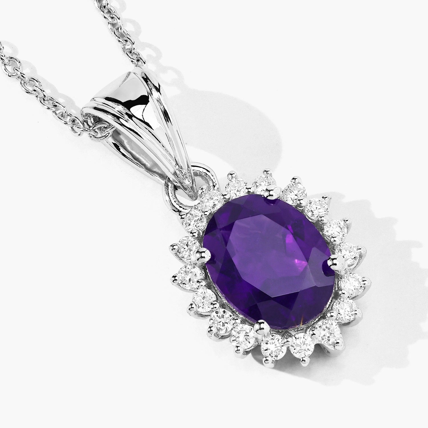 1.87 Ct Genuine Amethyst and Lab Grown Diamond Silver Halo Necklace