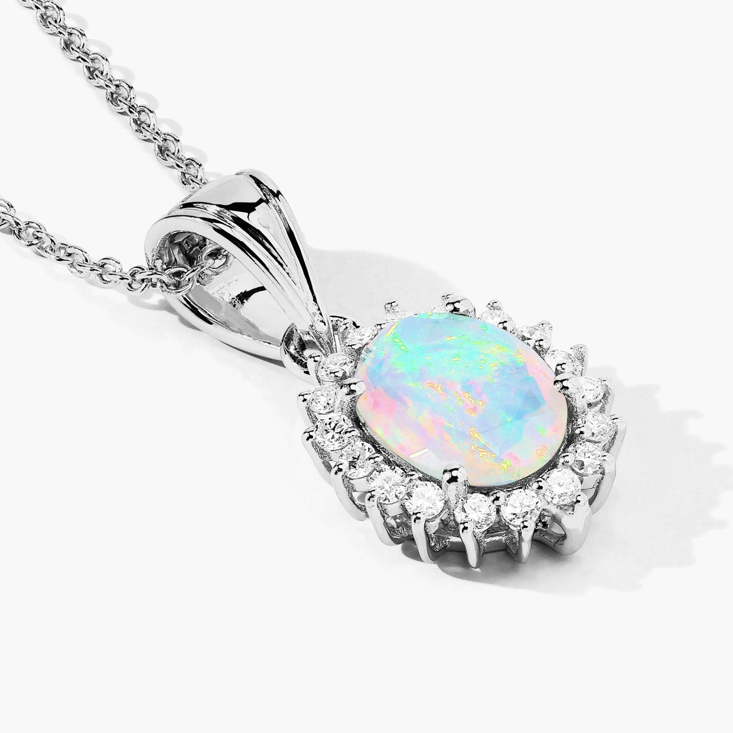 1.17 Ct Genuine Ethiopian Opal and Lab Grown Diamond Silver Halo Necklace Fine Color Jewels