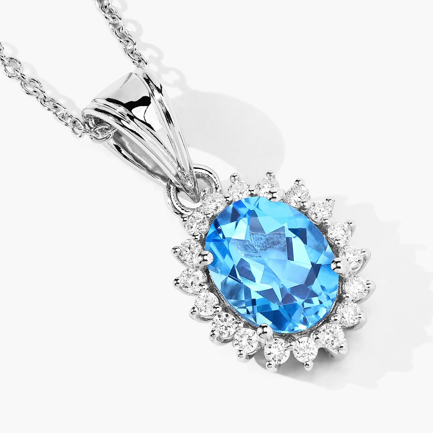 2.27 Carat Oval Genuine Swiss Blue Topaz and Lab Diamond Silver Halo Necklace