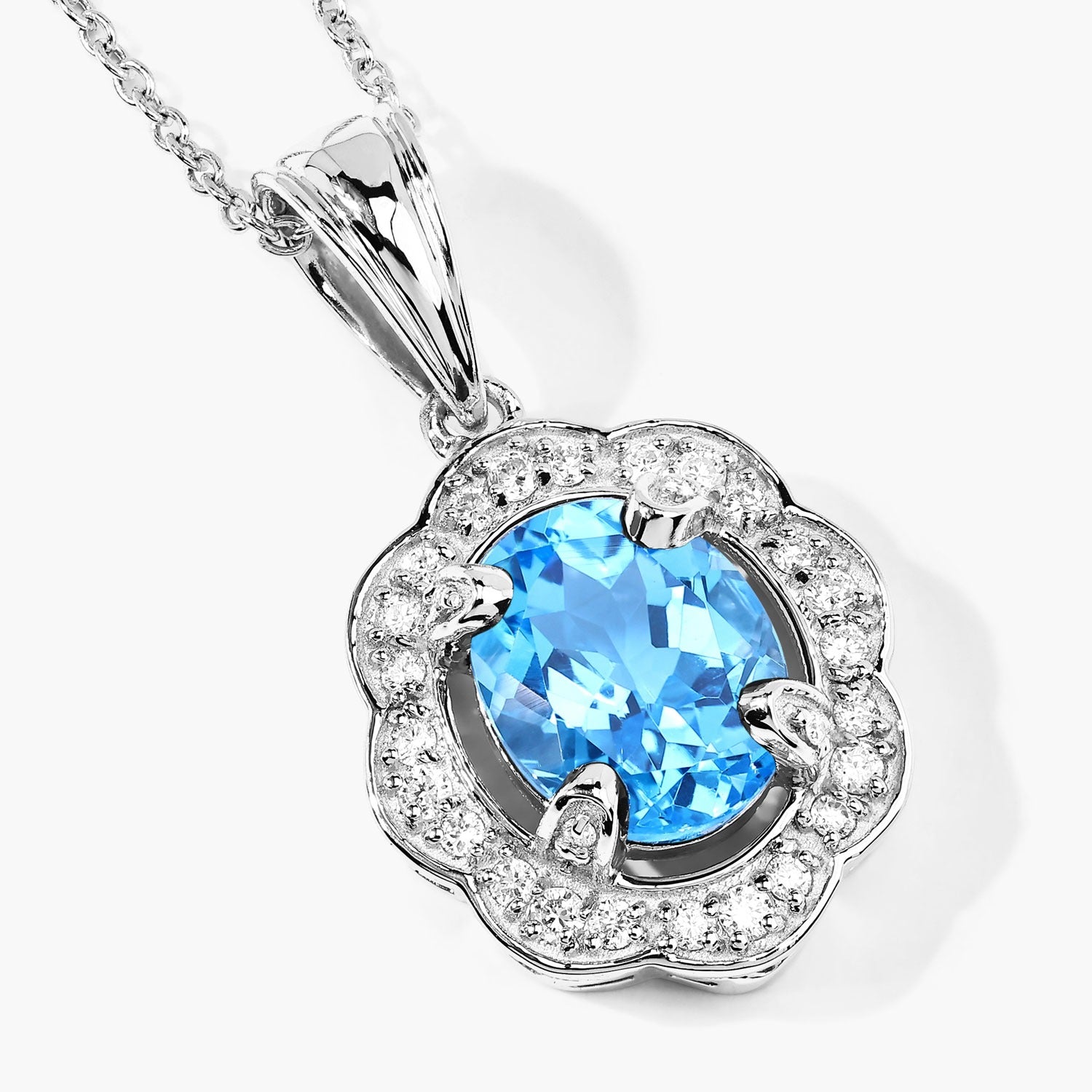 2.87 Ct Genuine Swiss Blue Topaz and Lab Grown Diamond Silver Halo Necklace
