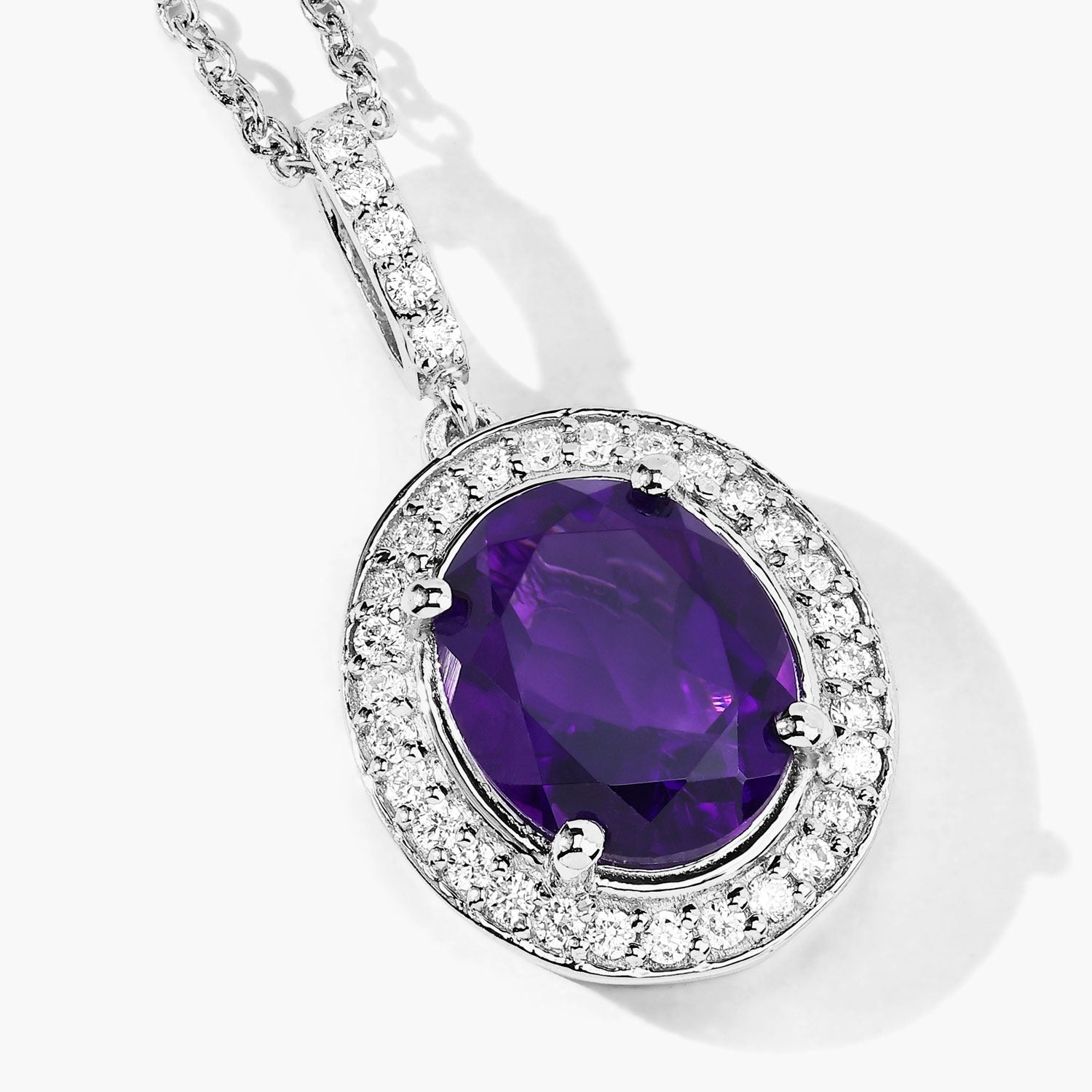 2.46 Ct Genuine Oval Amethyst and Lab Diamond Silver Halo Necklace