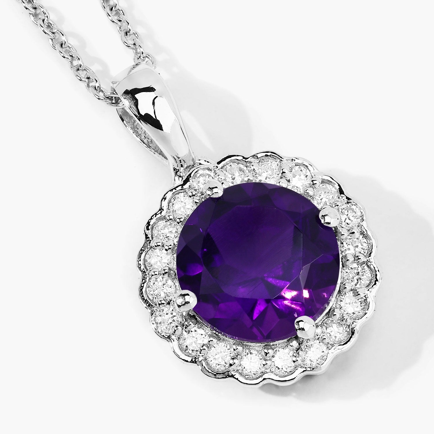 2.70 Ct Genuine Purple Amethyst and Lab Diamond Silver Halo Necklace