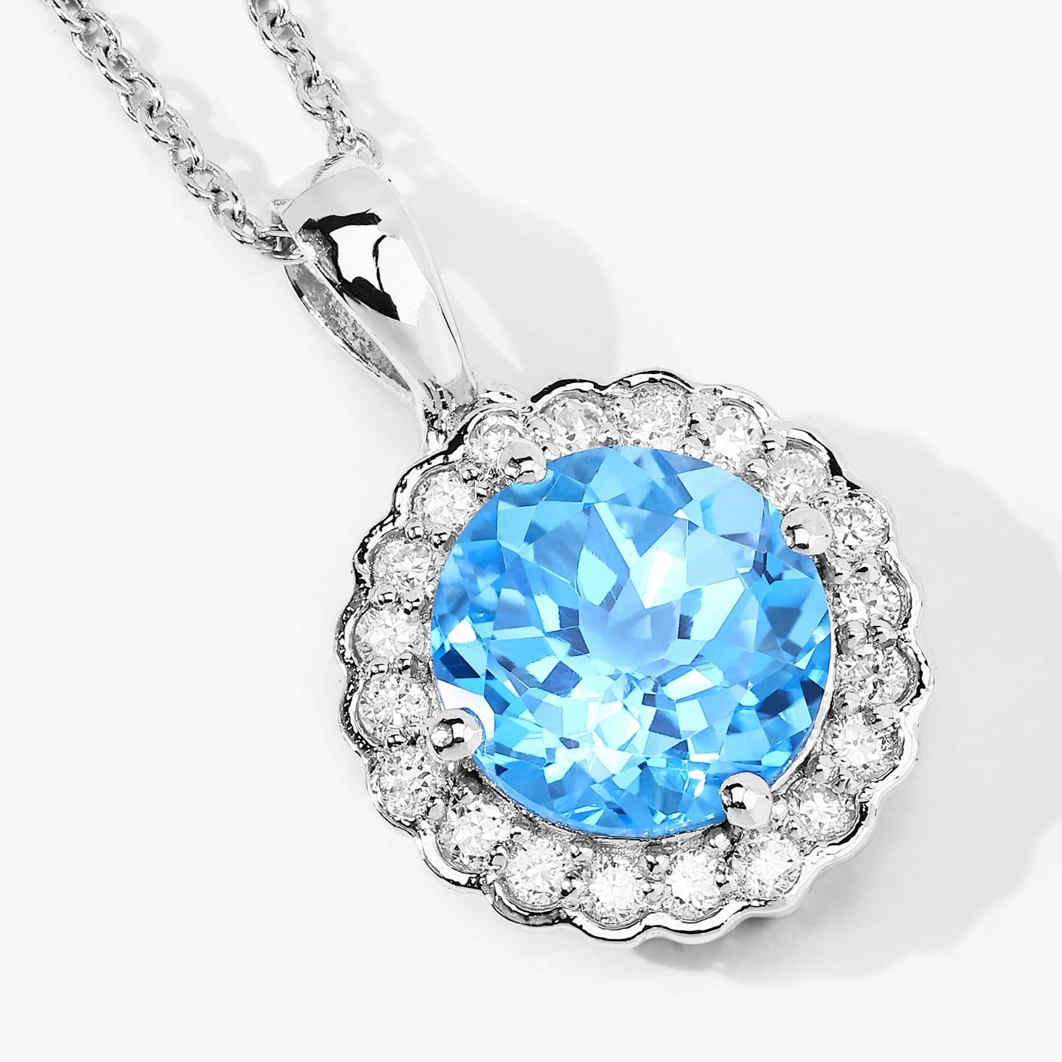 4.05 Ct Genuine Swiss Blue Topaz and Lab Diamond Silver Halo Necklace