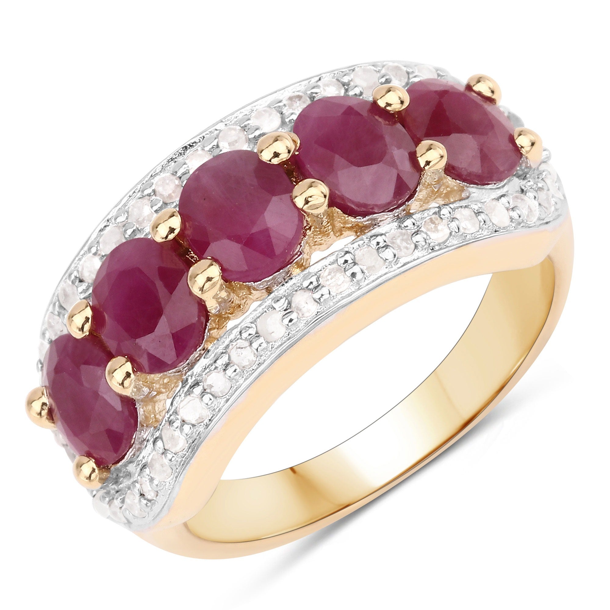 1.74 Ct Oval Pink Ruby and White Diamond Prong Silver Five Stone Halo Ring