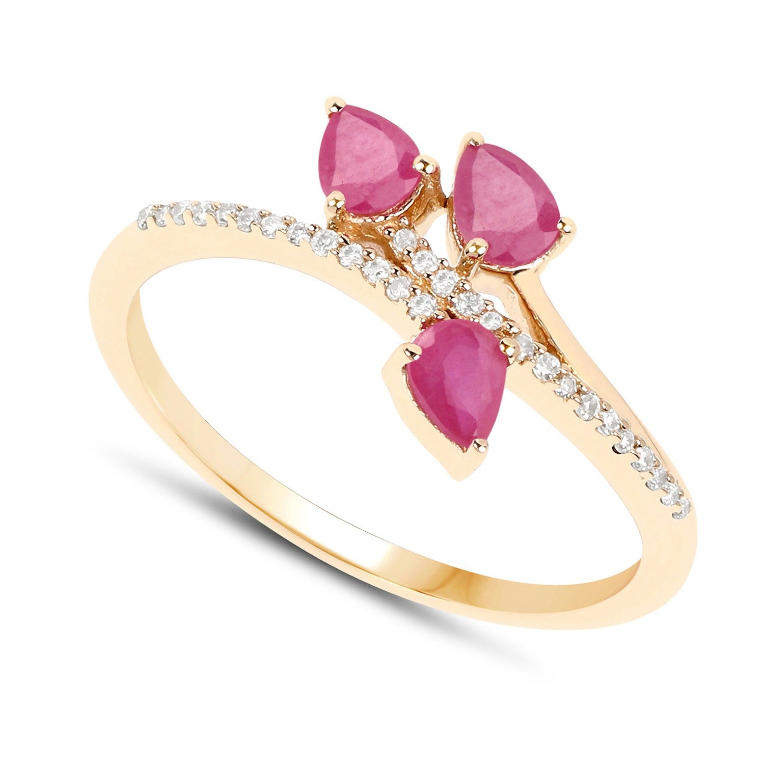 0.68 Ct Pear Shaped Pink Ruby and White Diamond Prong 14K Yellow Gold Bypass Toi et Moi Ring