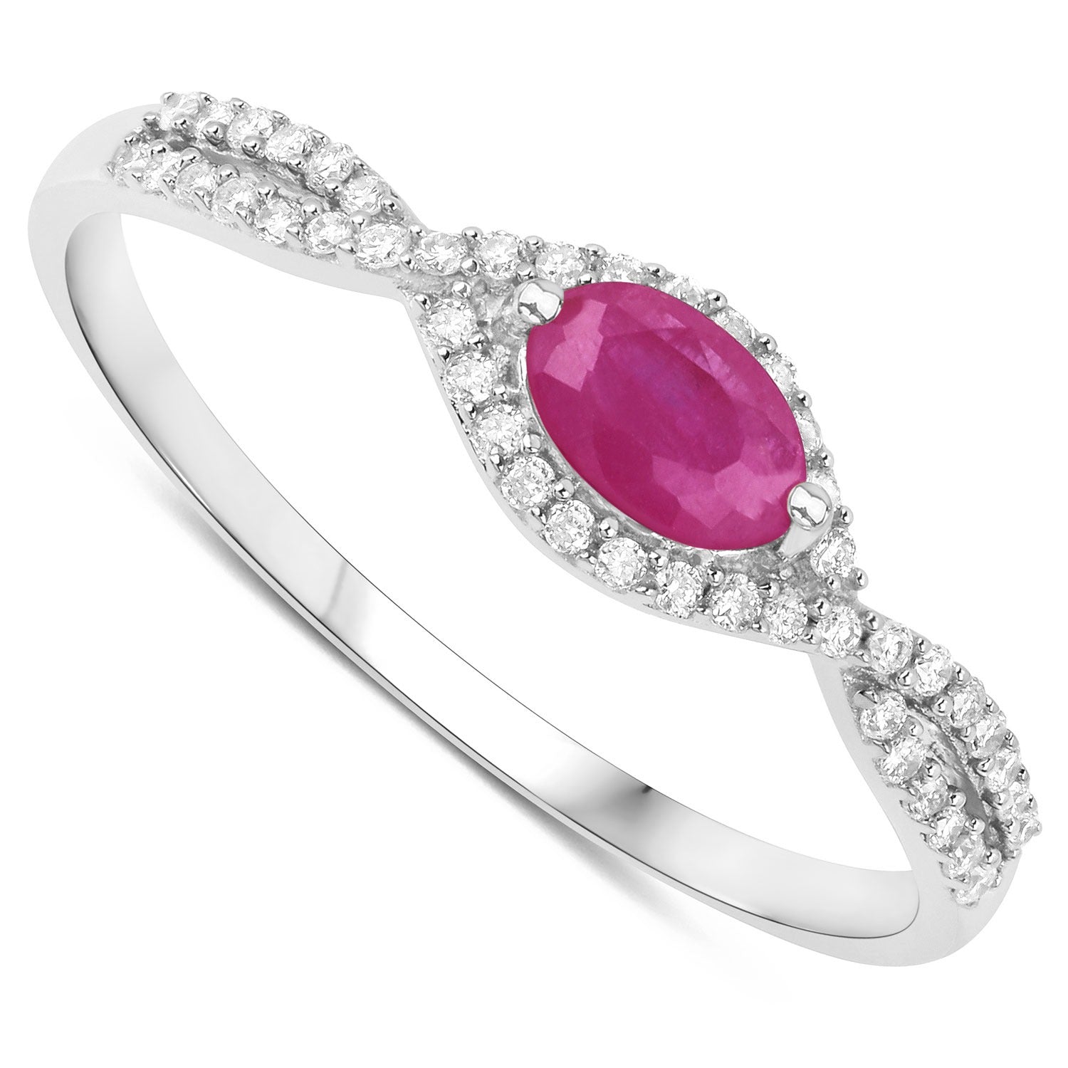 0.40 Ct Oval Shaped Pink Ruby and White Diamond 14K White Gold Crossover Halo Ring