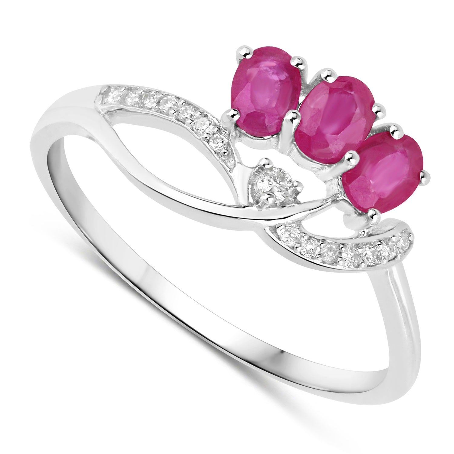 0.66 Ct Oval Pink Ruby & Diamond Prong 14K White Gold Pave Three Stone Knot Ring