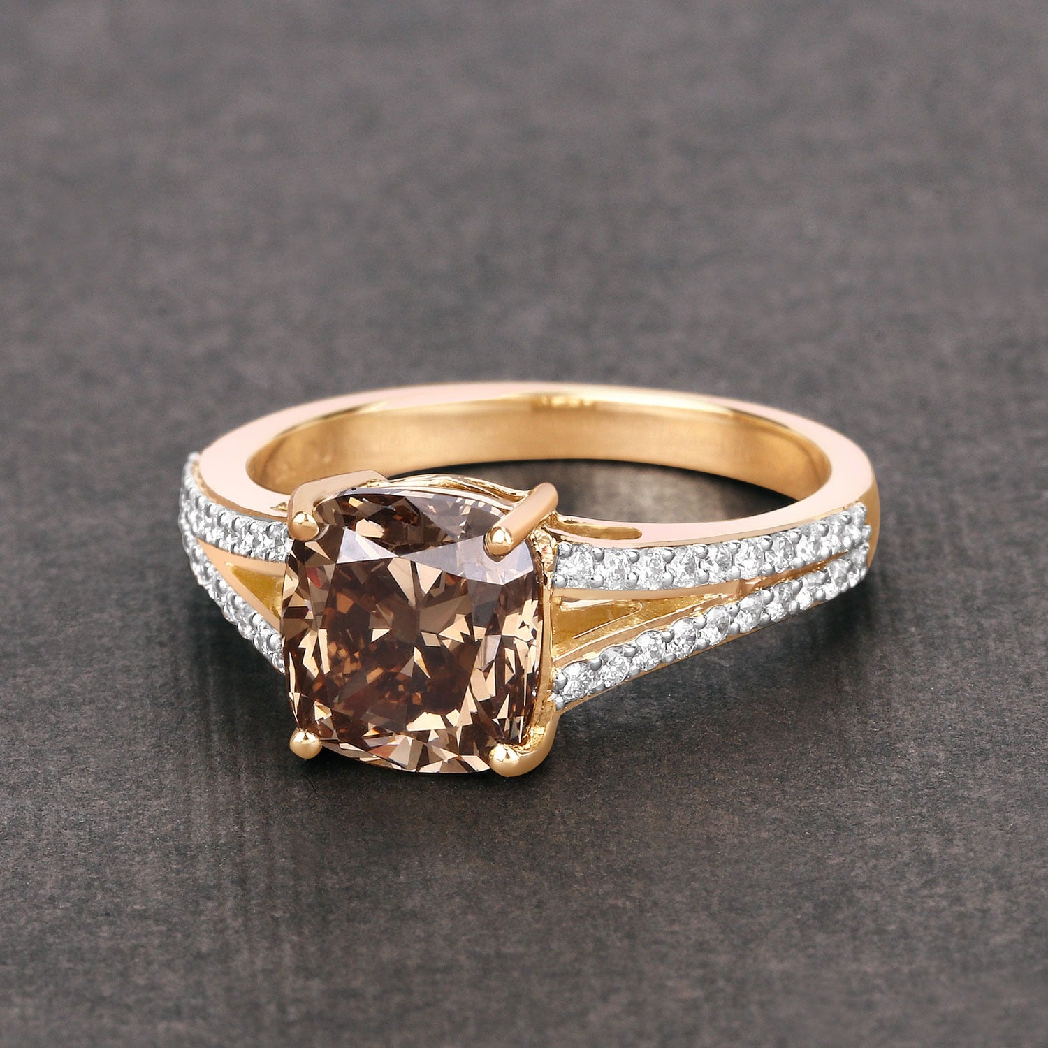 3.03 Ct Cushion Cut Genuine Brown Diamond 18K Yellow Gold Split Pave Shank Engagement Ring