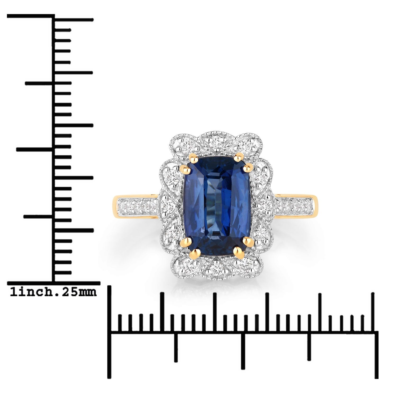 3.21 Ct Cushion Ceylon Blue Sapphire and White Diamond Prong 18K Gold Pave Halo Statement Ring