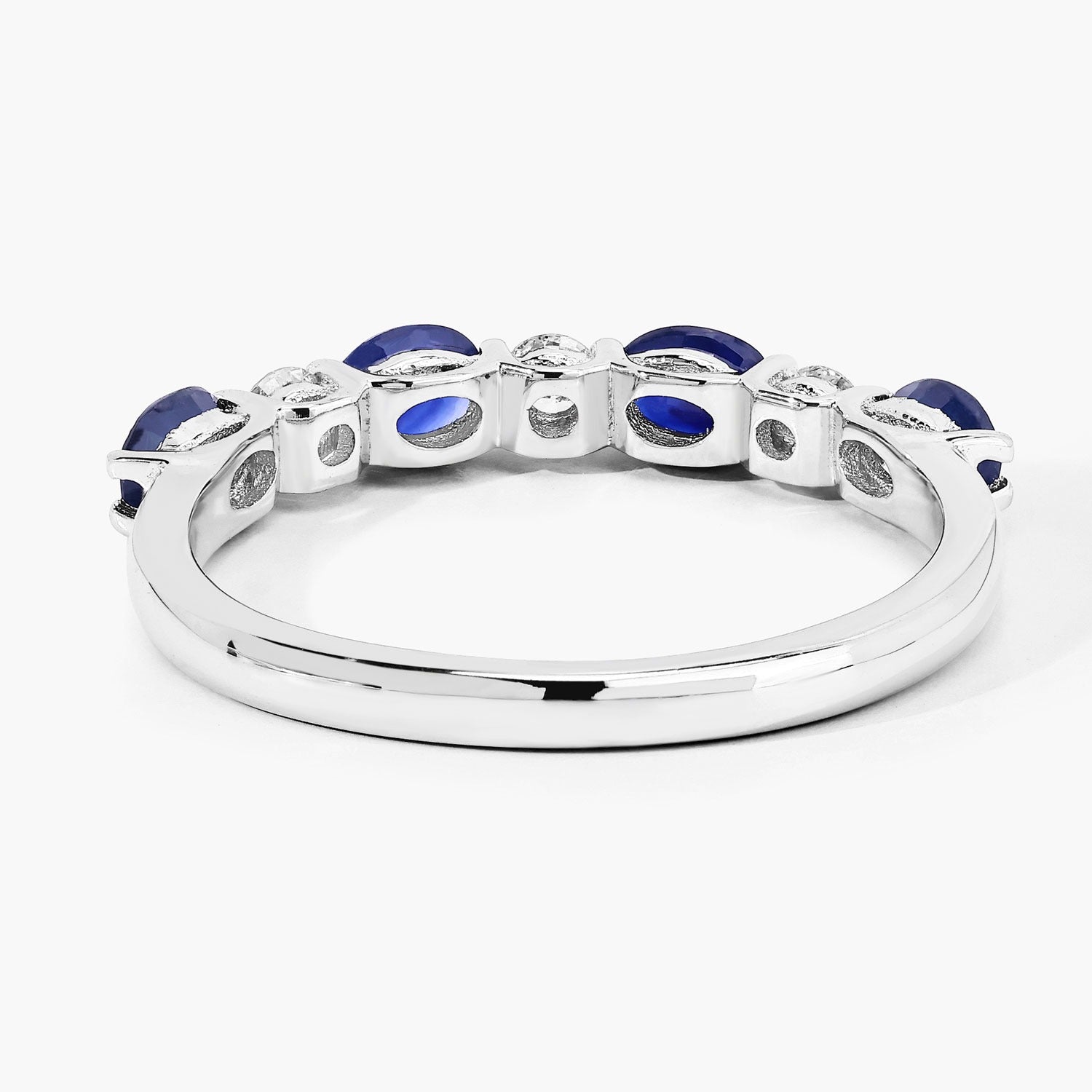 0.88 Ct Oval Blue Sapphire & Lab Diamond Prong Silver Half Eternity Seven Stone Ring