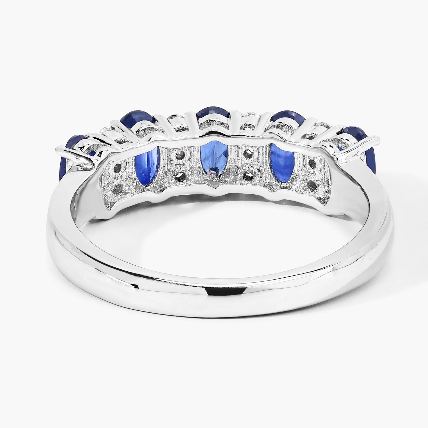 1.25 Ct Oval Blue Sapphire & Lab Diamond Prong Silver Half Eternity Band Five Stone Ring