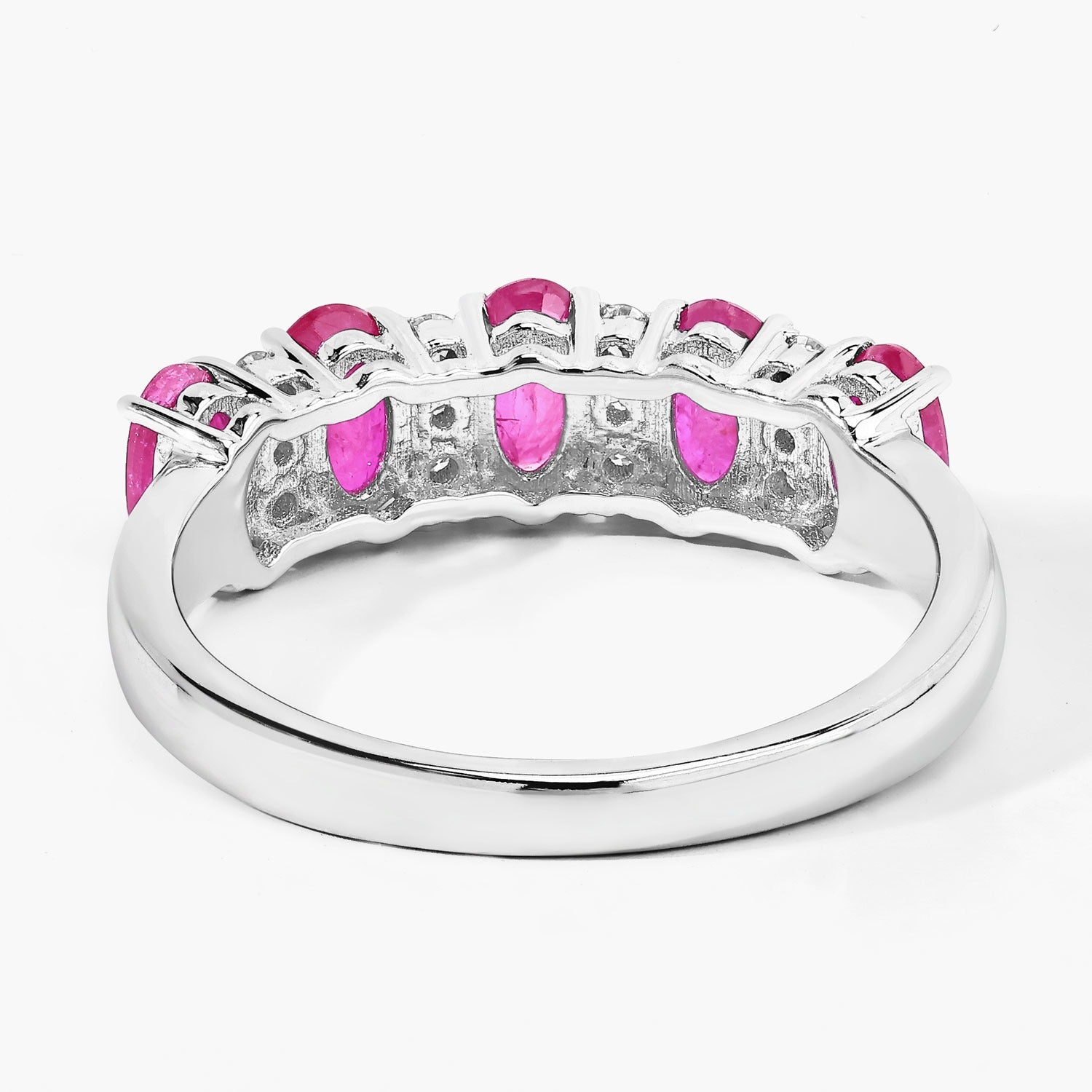 1.27 Ct Oval Pink Ruby and Lab Grown Diamond Silver Five Stone Prong Eternity Ring