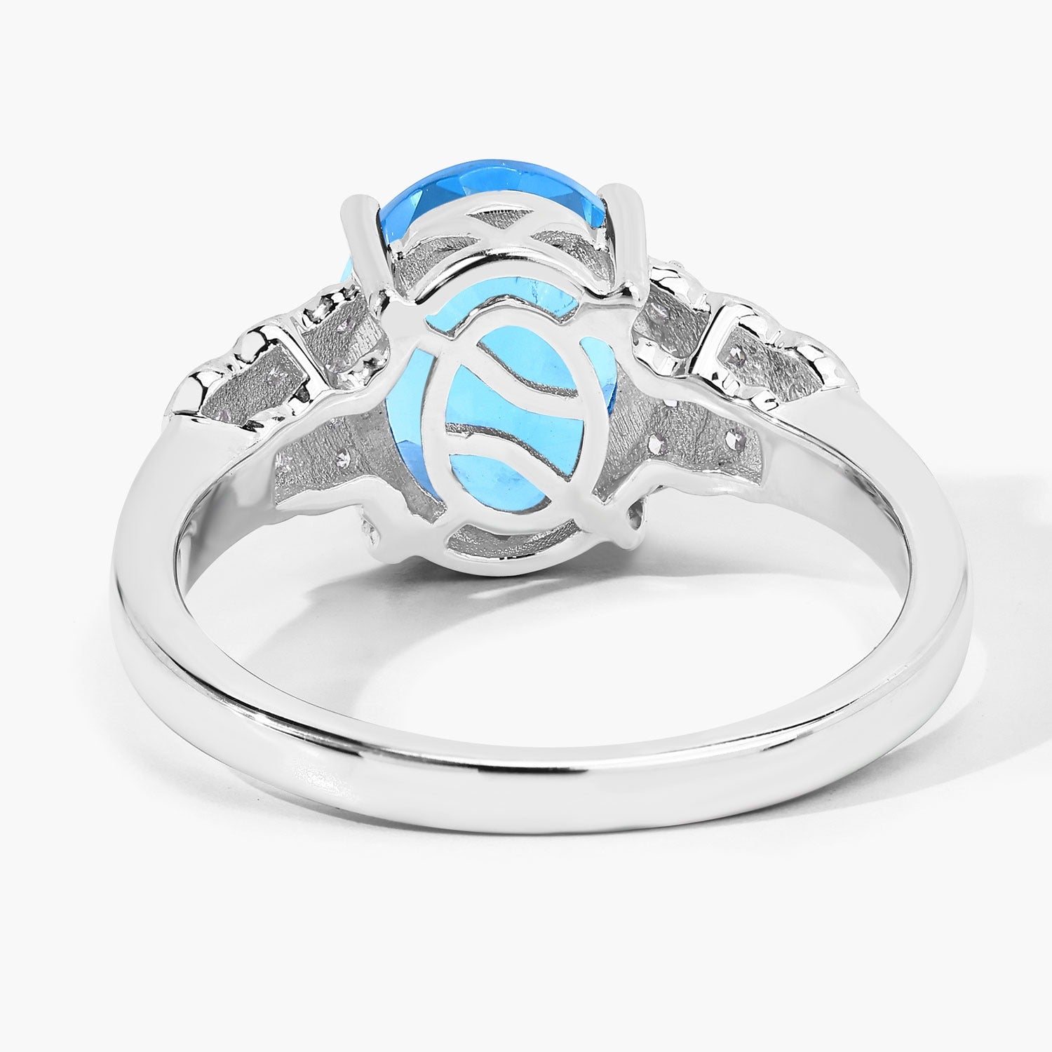2.55 Ct Oval Swiss Blue Topaz & Lab Diamond Prong Silver Bridge Ring
