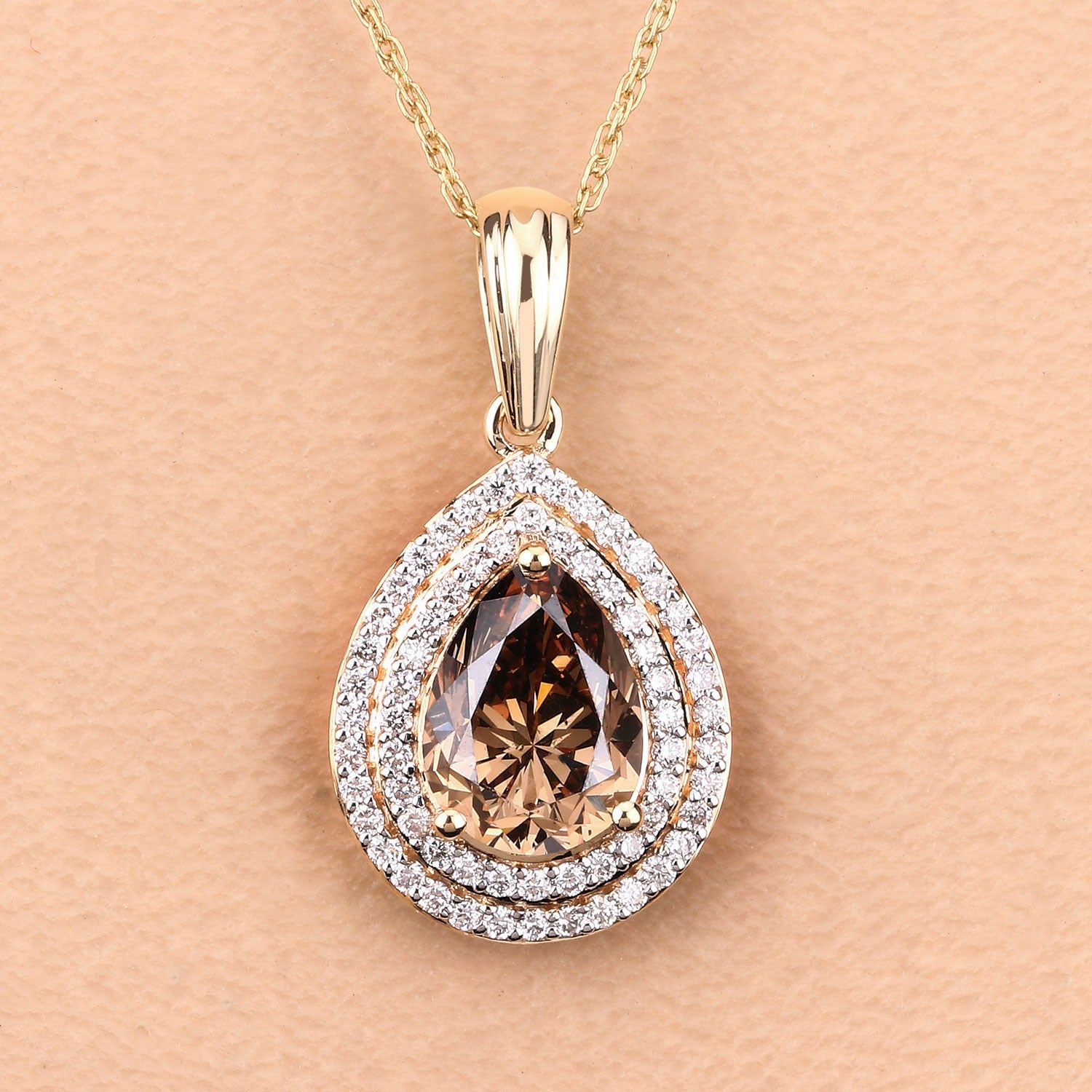 2.01 Ct Genuine Pear Brown Diamond 18K Yellow Gold Statement Pendant