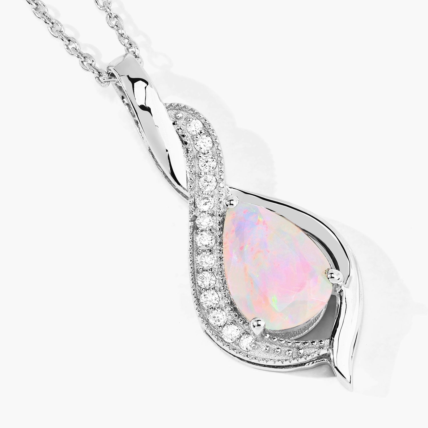 1.02 Ct Genuine Ethiopian Opal and Lab Diamond Silver Teardrop Necklace