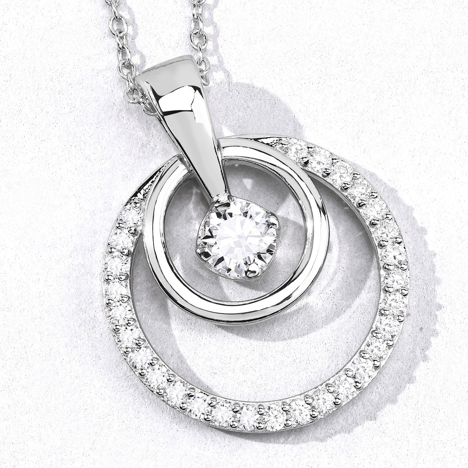 1 Cttw Round White Lab Grown Diamond Rhodium Plated Silver Double Circle Halo Pendant Necklace