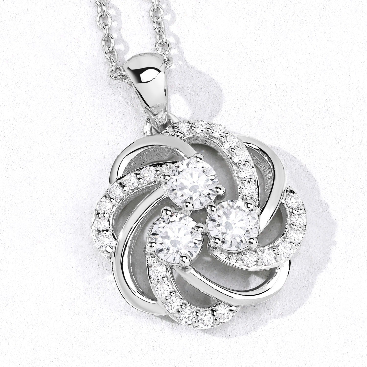 1 Cttw Round Lab Diamond Rhodium Plated Silver Three Stone Swirl Flower Pendant Necklace