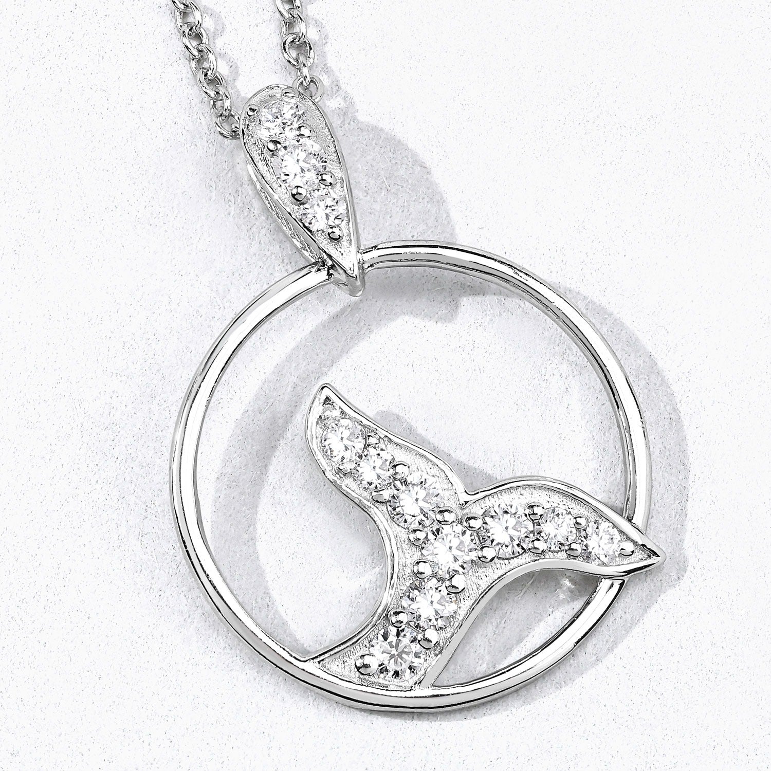 0.34 Cttw Round Lab Diamond Rhodium Plated Silver Whale Tail Circle Pendant Necklace