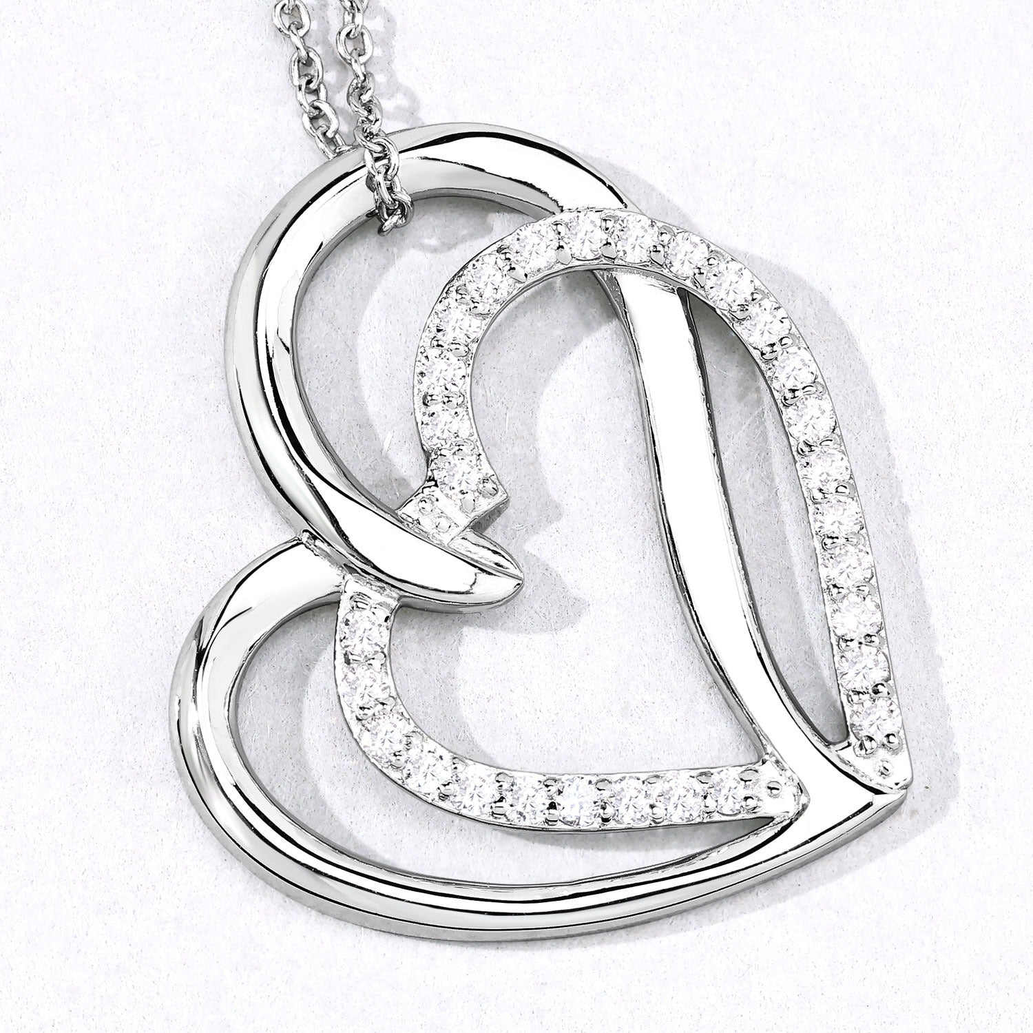 0.52 Cttw Round Lab Diamond Rhodium Plated Silver Intertwined Double Heart Pendant Necklace