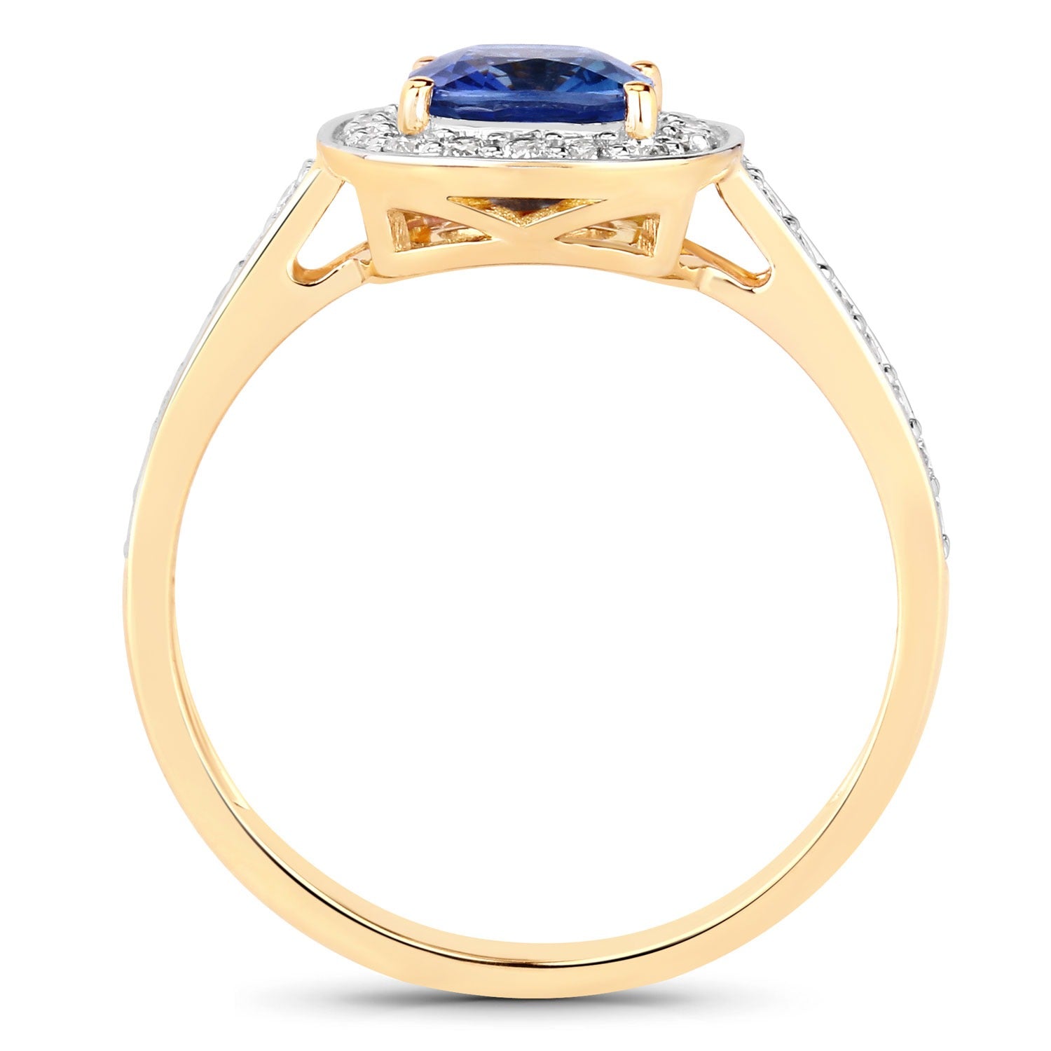 1.31 Ct Genuine Blue Sapphire Diamond 18K Yellow Gold Halo Pave Ring