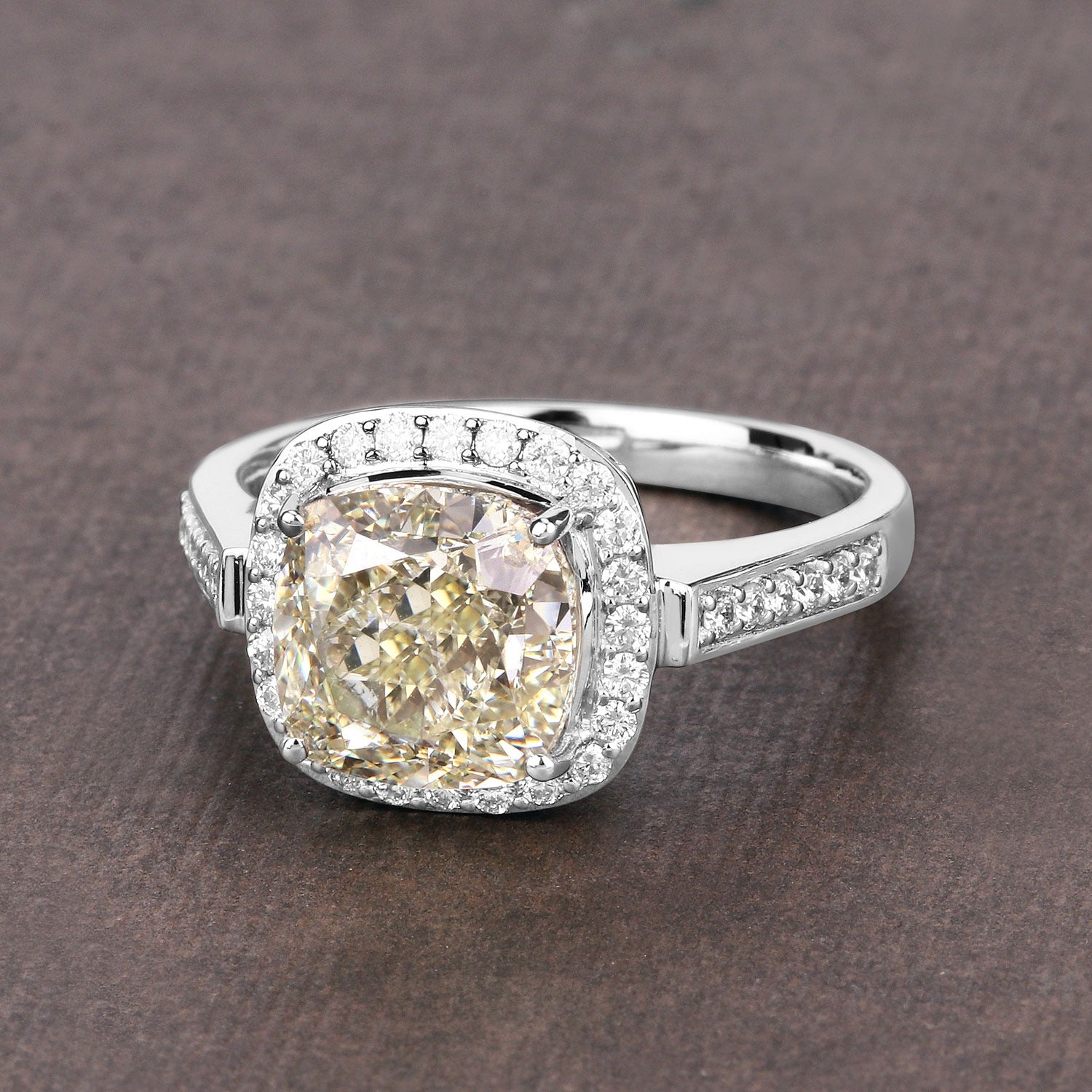 4.02 Ct Natural Yellow Diamond 18K White Gold Pave Halo Cushion Ring