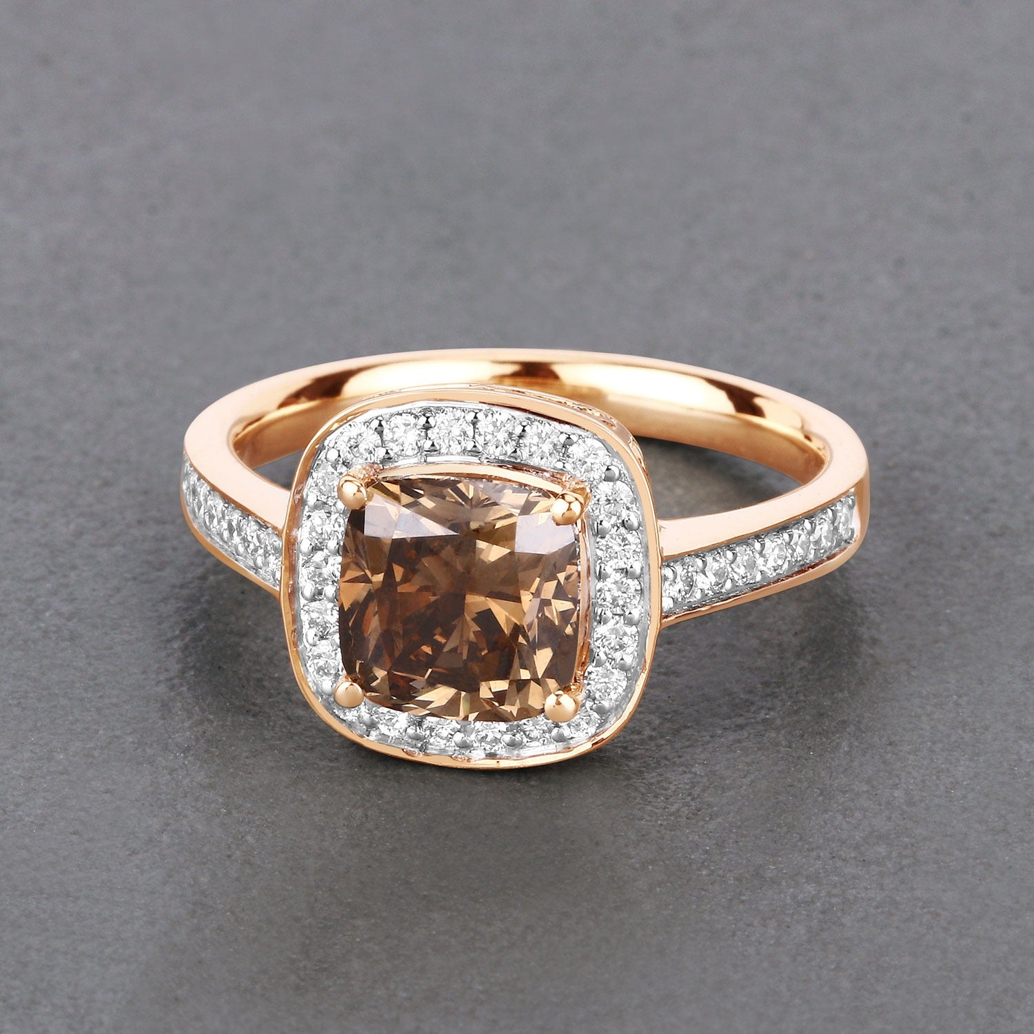 2.19 Ct Genuine Brown Diamond 18K Yellow Gold Halo Pave Cushion Ring