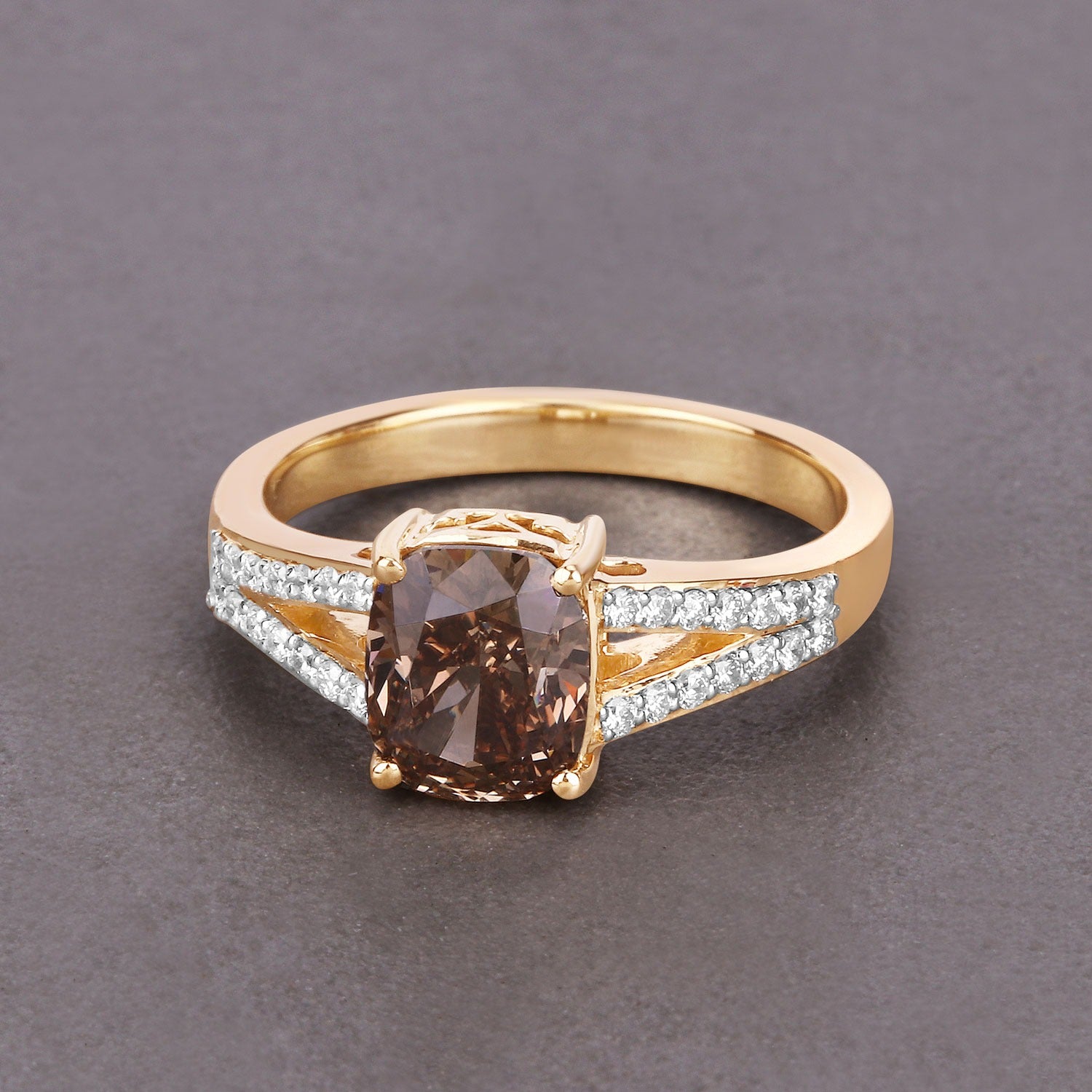 2.02 Ct Genuine Cushion Cut Brown Diamond 18K Yellow Gold Pave Split Shank Ring