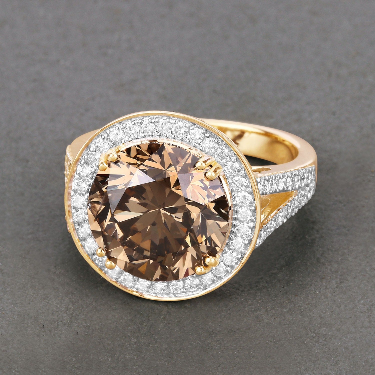 7.07 Ct Genuine Round Brown Diamond 18K Yellow Gold Pave Halo Ring