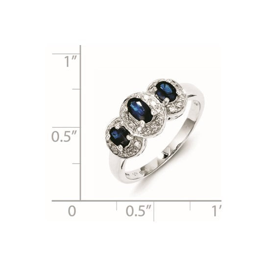 Blue Oval Sapphire and Diamond Prong Sterling Silver Three Stone Halo Ring