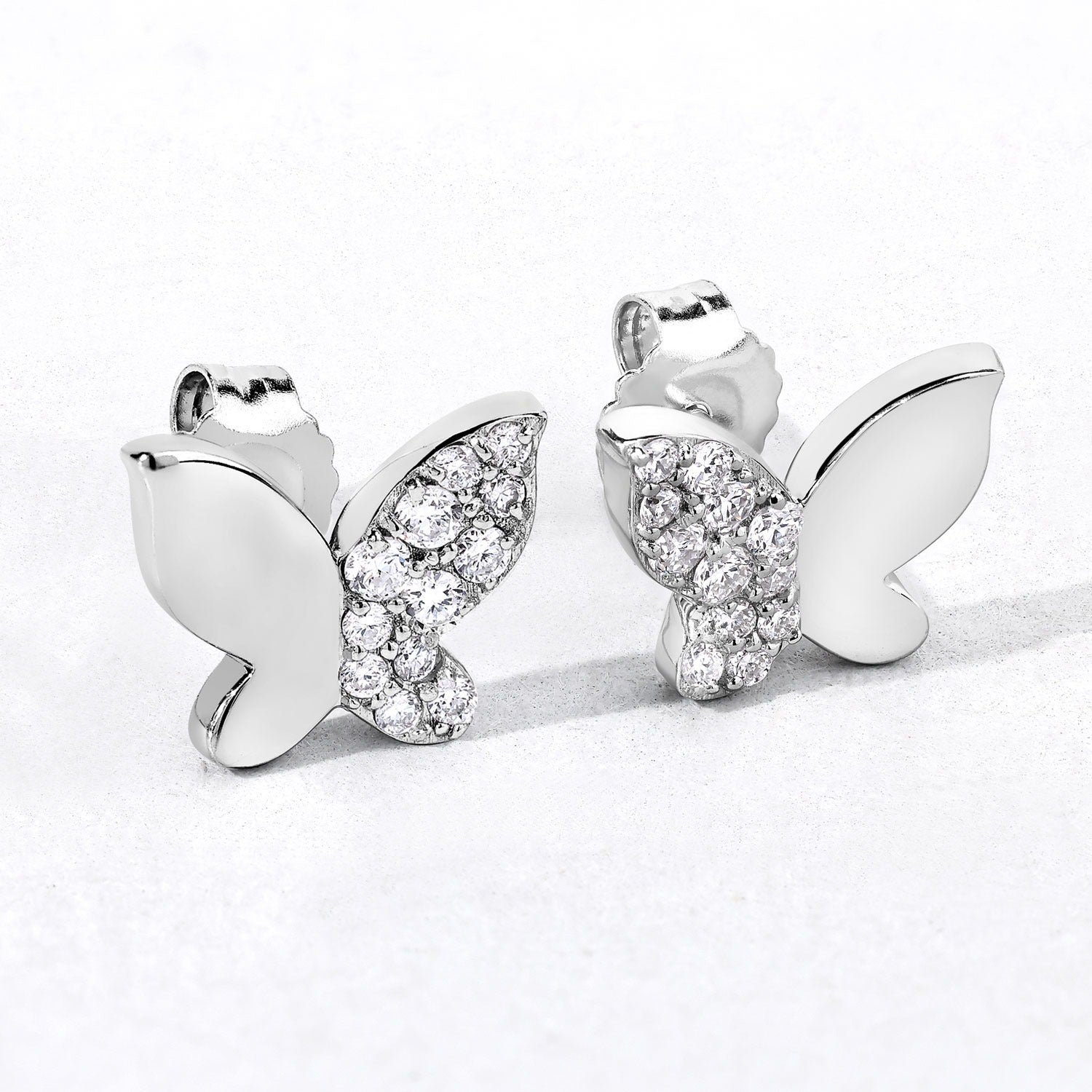 0.34 Cttw Round White Lab Diamond Pavé Rhodium Plated Silver Half Pavé Butterfly Stud Earrings