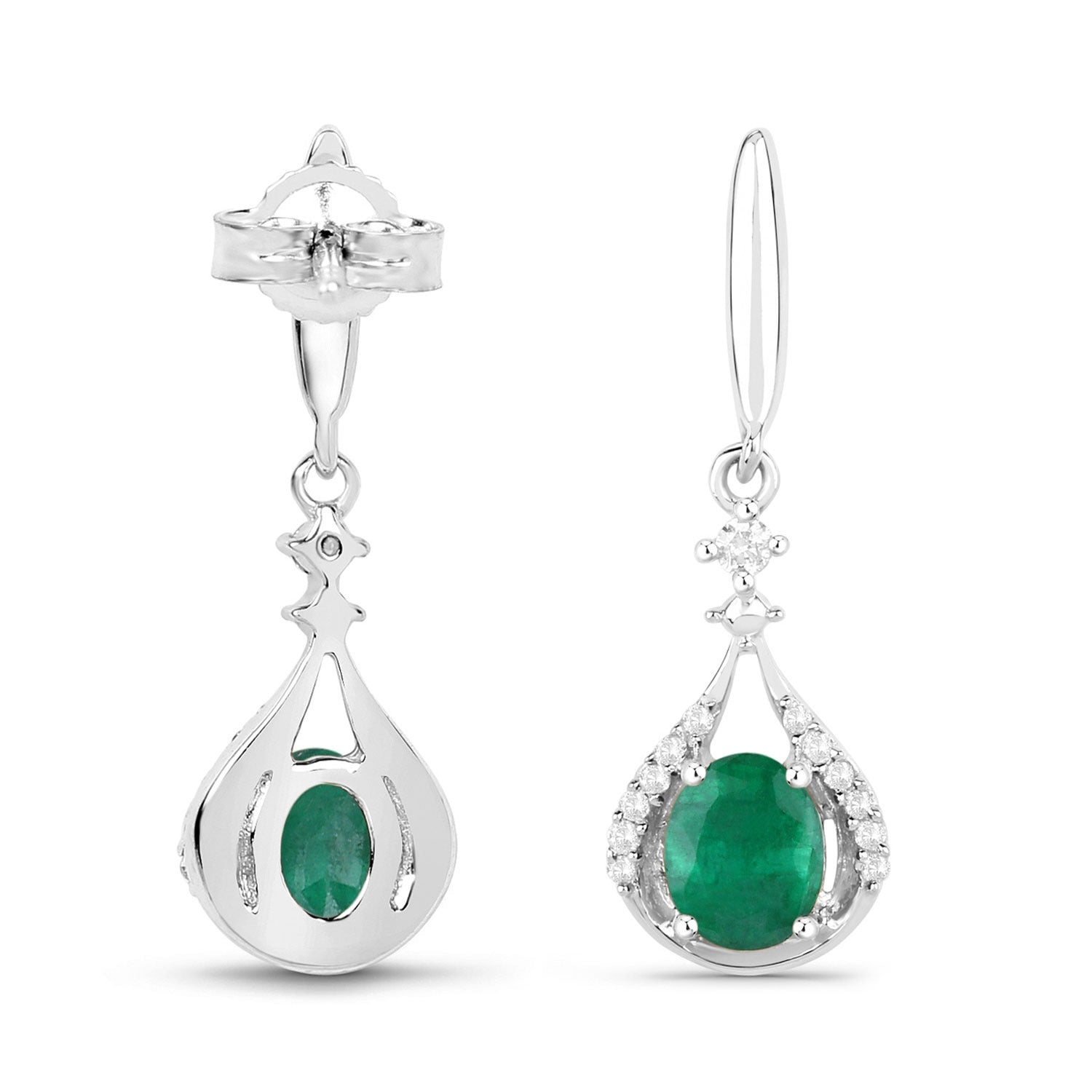 0.60 Ct Oval Green Zambian Emerald & Diamond Prong 14K White Gold Drop Dangle Earrings