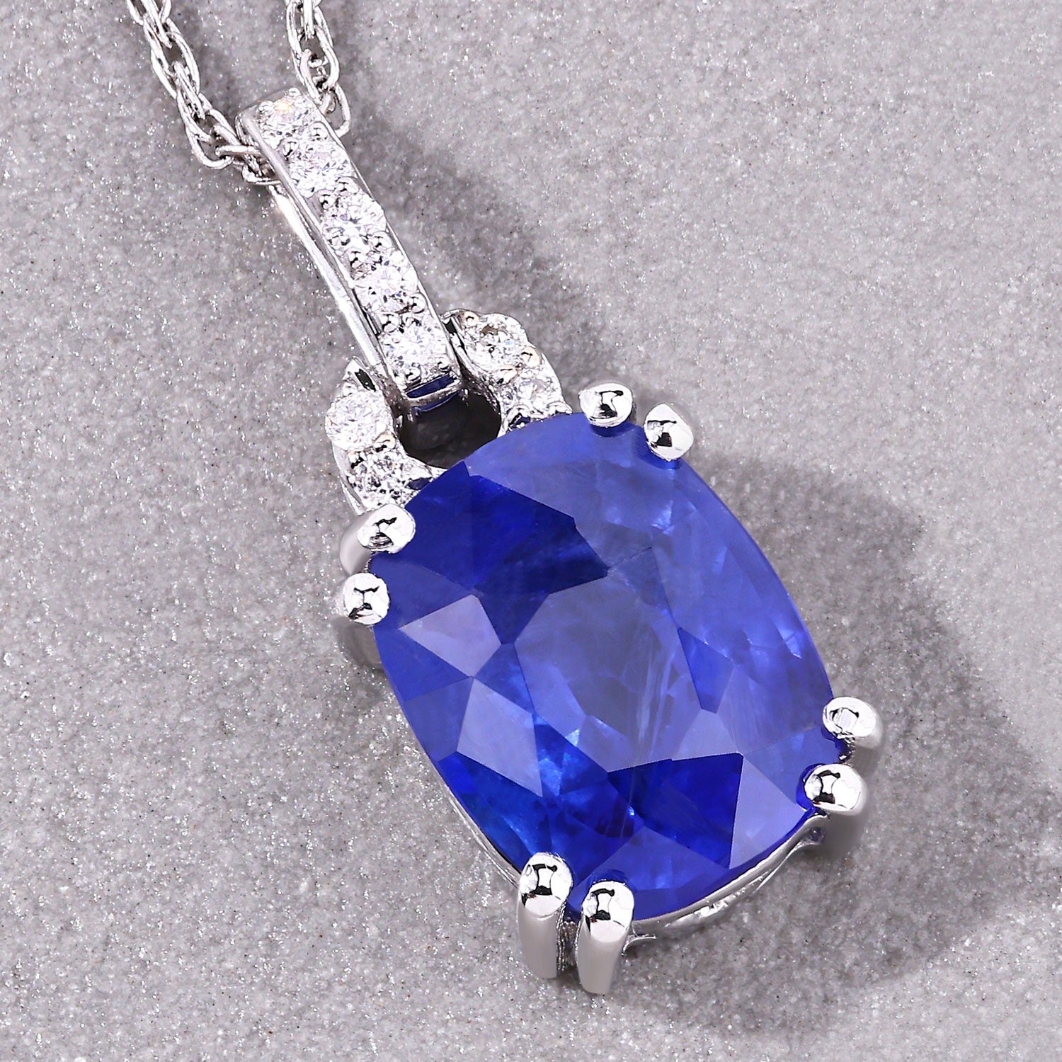 2.05 Ct Genuine Cushion Ceylon Blue Sapphire and Diamond 18K White Gold Slide Pendant