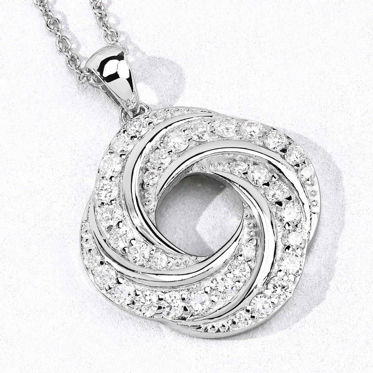 1 Cttw Round Lab Diamond Prong Plated Silver Swirl Love Knot Pendant Necklace
