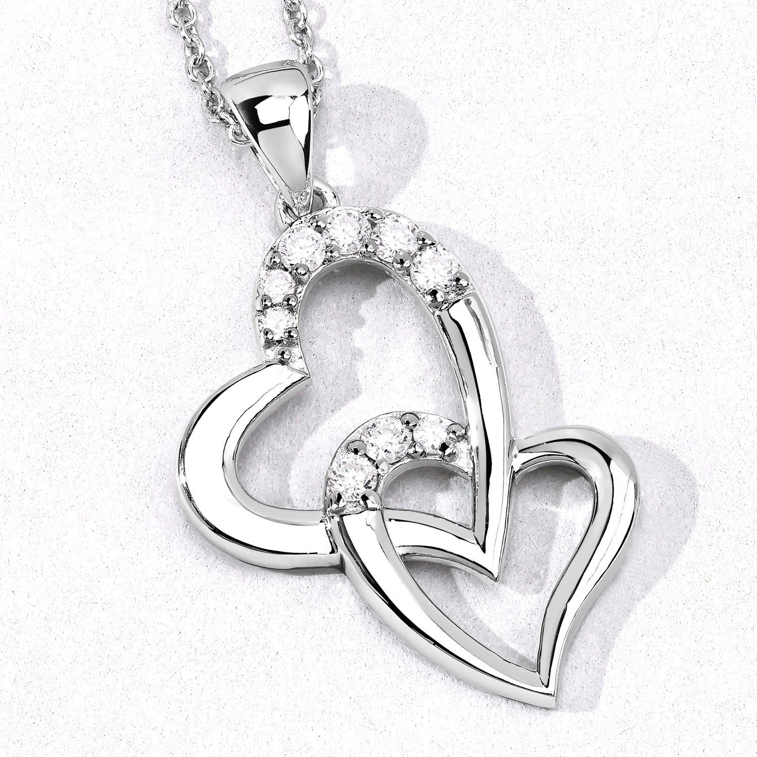 0.26 Cttw Round Lab Diamond Rhodium Plated Silver Intertwined Double Heart Pendant Necklace