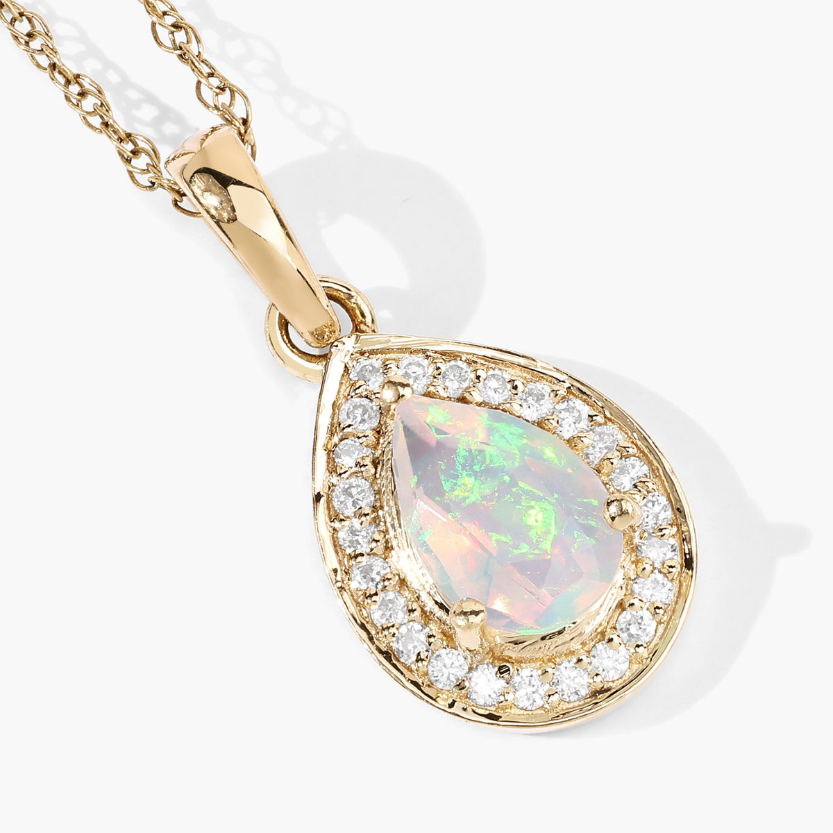 0.31 Cttw Pear White Ethiopian Opal White Diamond 14K Yellow Gold Teardrop Halo Pendant
