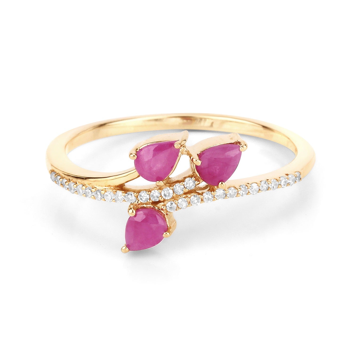 0.68 Ct Pear Shaped Pink Ruby and White Diamond Prong 14K Yellow Gold Bypass Toi et Moi Ring