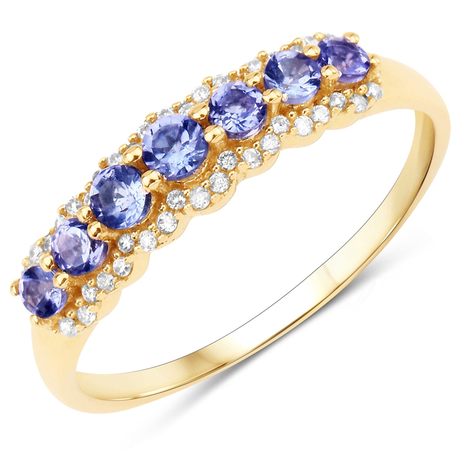 0.51 Ct Violet Round Tanzanite and White Diamond 14K Yellow Gold Half Eternity Halo Ring