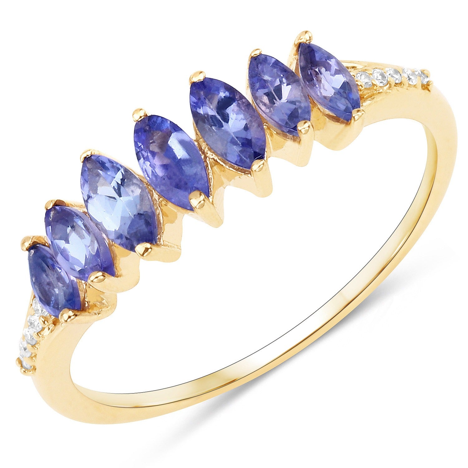 0.76 Ct Marquise Tanzanite and White Diamond Prong 14K Yellow Gold Statement Ring